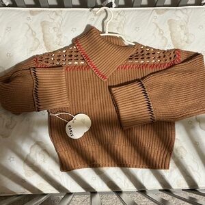 STAUD Camel Ribbed Turtleneck Sweater with Red and Black Stitching